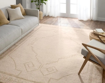 Hand Knotted Neutral Traditional Rug | Beige Wool Area Carpet 8x10 9x12 10x14 | Soft Pattern Minimal Border Rug for Living Room & Bedroom