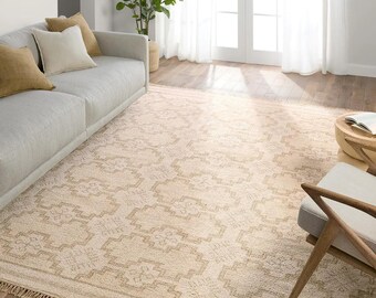 Hand Knotted Neutral Geometric Rug | Beige Wool Area Carpet 8x10 9x12 10x14 12x15 | Soft Patterned Rug for Living Room, Bedroom & Home Decor
