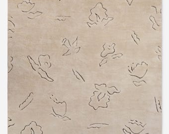 Hand Knotted Large Area Rug 8x10 9x12 10x14 | Modern Minimal Floral Rug | Beige Neutral Textured Wool Carpet for Living Room Bedroom Office
