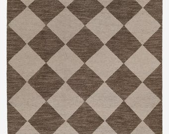 Hand Knotted Checkered Rug | Brown Beige Diamond Pattern Wool Carpet 8x10 9x12 10x14 | Modern Geometric Rug for Office Living Room & Bedroom