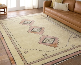 Handmade Turkish Oushak Rug | Beige Wool Area Carpet 8x10 9x12 10x14 | Vintage Geometric Medallion Neutral Rug for Living Room & Bedroom