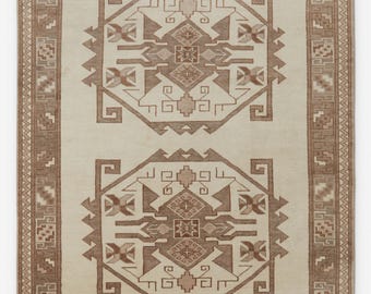 Hand Knotted Turkish Oushak Rug | Beige Brown Wool Area Carpet 6x9 8x10 9x12 10x14 | Vintage Geometric Rug for Office Living Room & Bedroom