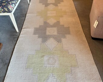 Vintage Turkish Runner Rug 3x10 Neutral Boho Hallway Sage Green Beige Geometric Wool Kilim Handmade