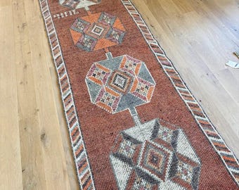 3x12 3x15 Handknotted Turkish Runner Rug, Rust Orange Vintage Geometric Rug, Tribal Wool Anatolian Hallway Runner for Hallway Entryway