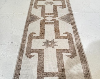 Handknotted Tribal Runner Rug 2x9 3x12 2.5x10 Neutral Brown Geometric Wool Runner, Minimalist Southwestern Hallway Carpet