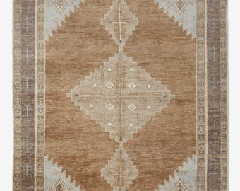 Vintage Turkish Oushak Rug 8x10 9x12 10x14 Hand-Knotted Muted Brown & Ice Blue Tribal Neutral Rug for Office Bedroom Living room