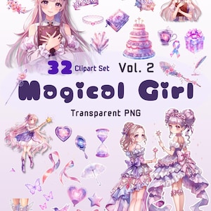 May include: A digital collection of 32 Magical Girl themed clipart elements in transparent PNG format. The set features anime-style characters, a tiered cake, a wand, a crown, a treasure chest, ribbons, butterflies, and various accessories in shades of pink and purple.