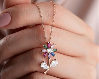 Collar de flores de cristal de colores, colgante floral de oro rosa, delicado collar de plata de ley 925