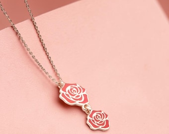 Collar de flor de rosa de plata de ley 925, colgante floral esmaltado, joyería romántica delicada de oro rosa.