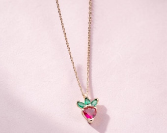 Collar de fresa con cristal de plata de ley 925, collar de corazón en oro rosa, joyería delicada y romántica.