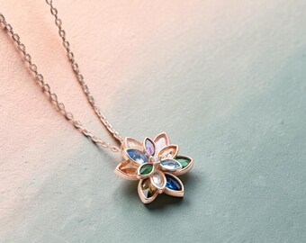 Regenbogen Blume Halskette Gold, Bunte Kristall Anhänger, Zierliche Blumen Schmuck
