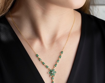 Collar en Y verde esmeralda, collar colgante floral de plata de ley 925, joyería nupcial dorada