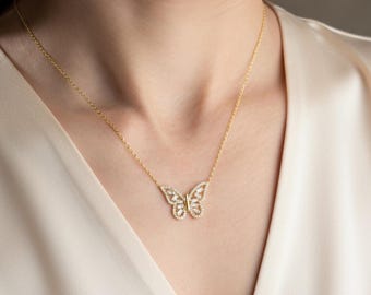 Gold Schmetterling Halskette Zierlich, 925 Sterling Silber Schmetterling Anhänger, Geschenk für Sie