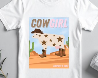 Cowgirl Western T-Shirt, Landmädchen T-Shirt, Kuh Print Shirt, Rodeo Grafik T-Shirt