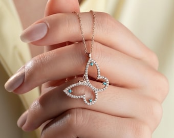 Collar de mariposa de cristal en oro rosa, joyería delicada y romántica de plata de ley 925, regalo para ella.