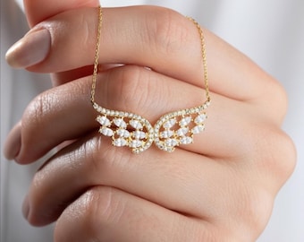 Collar con alas de ángel, oro y plata de ley 925, delicado colgante de ala de cristal, regalo para ella.