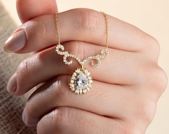 Collar vintage de oro y plata de ley 925 con colgante de cristal en forma de lágrima, joyería nupcial.