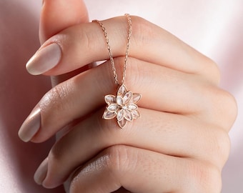 Floral Kristall Halskette Rose Gold, CZ Zierliche Blume Anhänger, Elegante Brautjungfer Schmuck