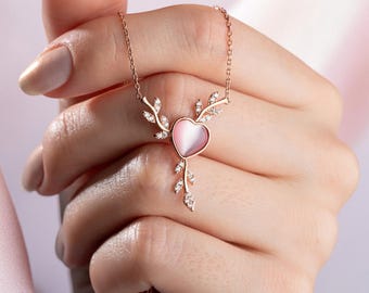 Rosa Herz Liebe Halskette Rose Gold, Zierliche Romantische Kristall Zweig 925 Sterling Silber Halskette