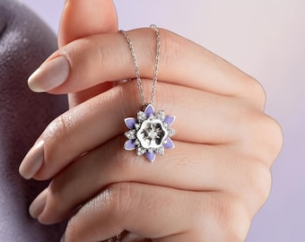 Collar de flor de lavanda de plata de ley 925, colgante floral morado, delicado collar de cristal