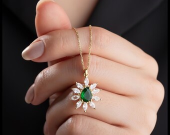 Smaragd Grün Blume Halskette Gold, Zierliche Kristall Blumen Anhänger, 925 Sterling Silber Anhänger