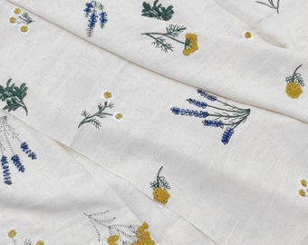 Floral Linen Embroidered Fabric，Vintage Floral Linen Fabric，Plant Embroidered，Designer，Quilting，135 cm width