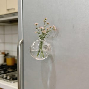 Może przedstawiać: Przezroczysty, kulisty wazonik z różowymi kwiatami, przymocowany do srebrnych drzwi lodówki. Na dole po prawej stronie widnieje czarny napis "Renderings". Średnica wazonu wynosi około 10 cm.