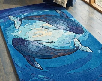 Handmade Blue Whale Area Wool Rug, Tufted Ocean Theme Carpet, Large Living Room Decor