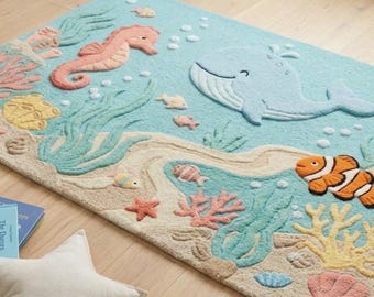 Hand Tufted Wool Nursery Rug Ocean Sea Life Kids Playroom Decor