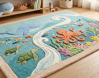 Hand Tufted Ocean Wool Rug | 5x8 Kids Playroom Nursery Sea Life Carpet Decor