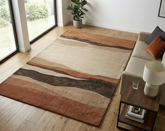 Handgetufteter Terrakotta-cremefarbener abstrakter Streifen-Wollteppich Boho-Wohnzimmer-Wüsten-Boden-Teppich