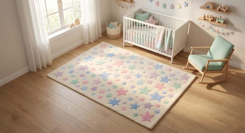 Overhead lifestyle shot of a hand tufted wool area rug with scattered pastel stars in soft pink, lavender, sky blue, and mint green on an ivory cream background, placed in a sunlit nursery room with a white crib, rocking chair, and wooden toys, showcasing a plush whimsical floor carpet perfect for baby and toddler bedrooms.