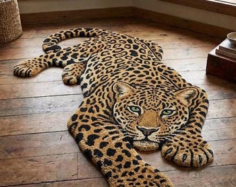 Handtuftad ullleopardmatta, realistisk djursilhuettmatta, safaribarnrumsdekor