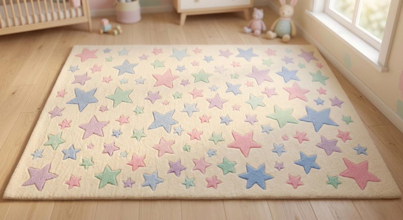 May include: A rectangular area rug with a cream-colored background featuring a repeating pattern of five-pointed stars in various sizes and pastel shades of pink, blue, green, and purple scattered across the entire surface of the rug.