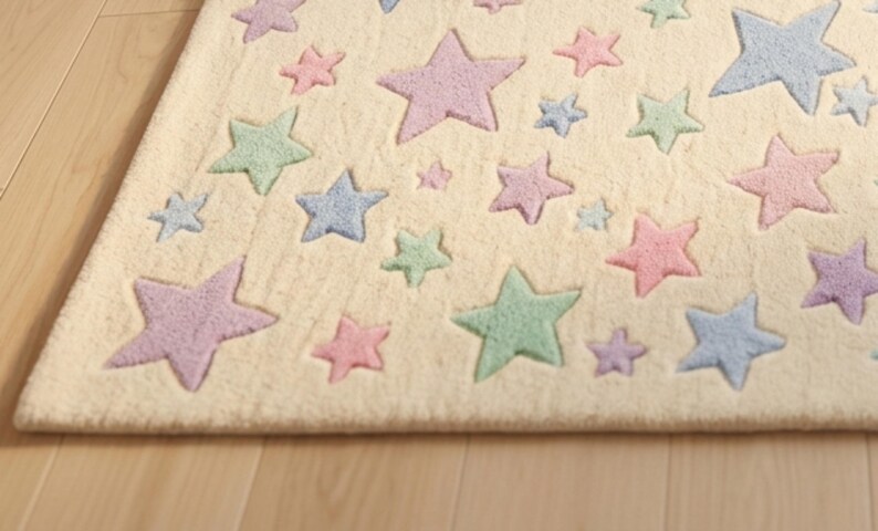 May include: A rectangular area rug with a cream-colored base featuring a repeating pattern of tufted stars in various sizes and pastel shades, including light pink, mint green, lavender, and soft blue, distributed across the entire surface.