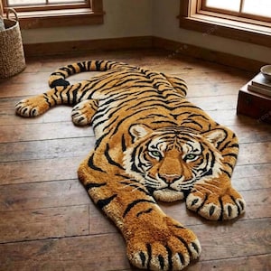Könnte beinhalten: Ein tigerförmiger Teppich mit orangefarbenen und schwarzen Streifen, der ein Tigergesicht und Pfoten darstellt. Der Teppich besteht aus einem weichen, strukturierten Material und liegt auf einem Holzboden. Dieser dekorative Teppich verleiht jedem Raum eine einzigartige Note. Misst etwa 180 cm in der Länge.