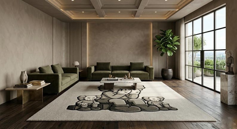 K&ouml;nnte beinhalten: Ein modernes Wohnzimmer mit olivgr&uuml;nen Sofas, einem Marmor-Couchtisch und einem gro&szlig;en Teppich mit einem Cartoon-Charakter-Design. Der Raum hat gro&szlig;e Fenster, eine Topfpflanze und eine neutrale Farbpalette.