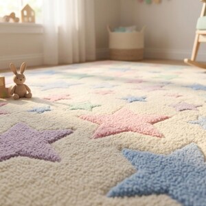 May include: A cream-colored area rug featuring a repeating pattern of tufted stars in pastel shades of pink, blue, purple, and mint green. The rug has a thick, textured pile and is decorated with a small plush rabbit toy and wooden blocks.