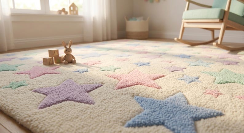 May include: A cream-colored area rug featuring a repeating pattern of tufted stars in pastel shades of pink, blue, purple, and mint green. The rug has a thick, textured pile and is decorated with a small plush rabbit toy and wooden blocks.