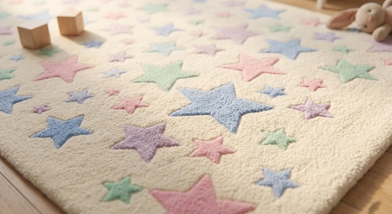 Colorful Star Pattern Hand Tufted Nursery Area Rug, Kids Playful Living Room Decor