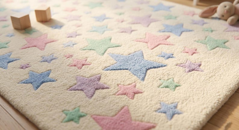 May include: A rectangular area rug with a cream-colored base featuring a repeating pattern of tufted stars in pastel shades of pink, blue, and green. The stars vary in size and are distributed across the textured surface of the soft fabric rug.