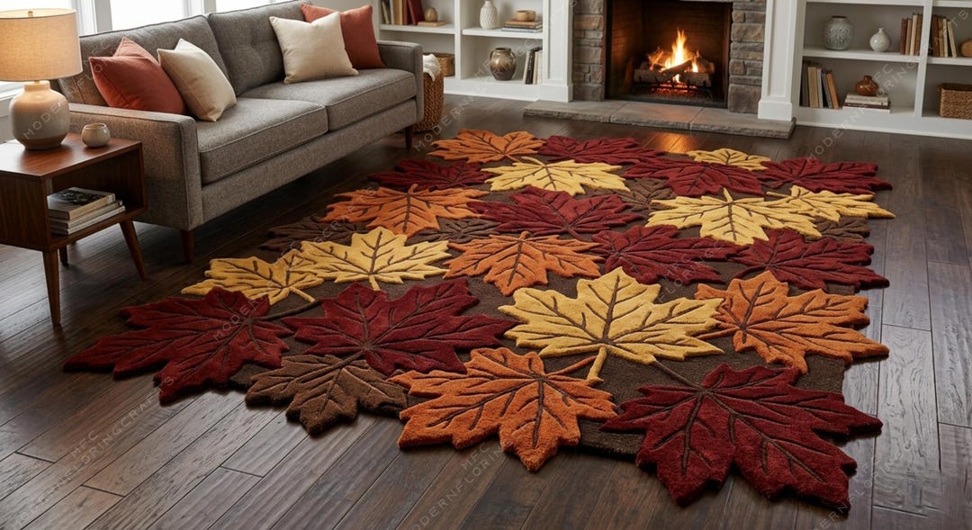 3D Hand Tufted Maple Leaf Wool Rug | Autumn Decor Large Cut Pile Carpet ...