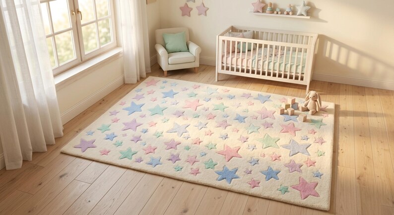 May include: A rectangular area rug featuring a cream-colored base adorned with a scattered pattern of stars in various sizes and pastel shades, including light blue, soft pink, and mint green, distributed across the entire surface of the rug.