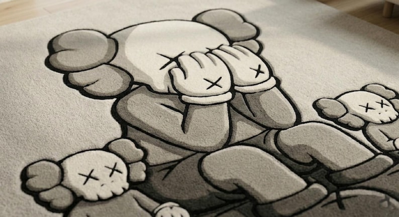 K&ouml;nnte beinhalten: Ein grau-wei&szlig;er Teppich mit einer Cartoonfigur, die sich die H&auml;nde vors Gesicht h&auml;lt. Die Figur hat gro&szlig;e Ohren und Handschuhe mit einem "X" auf jeder Hand. Zwei kleinere Versionen der Figur sind ebenfalls vorhanden.