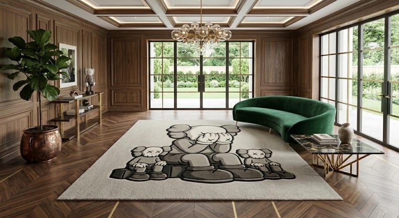 K&ouml;nnte beinhalten: Ein luxuri&ouml;ses Wohnzimmer mit einem gro&szlig;en, hellen Teppich mit einem Cartoon-Charakter-Design. Der Raum umfasst ein gr&uuml;nes, geschwungenes Sofa, einen Couchtisch mit Marmorplatte und einen kupferfarbenen Blumentopf. Die W&auml;nde sind mit dunklem Holz verkleidet.