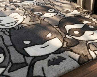 Handgetufteter Monochromer Chibi Superhero Bösewicht Wollteppich | Neuheit Bereich Teppich | Pop Kultur Spielzimmer