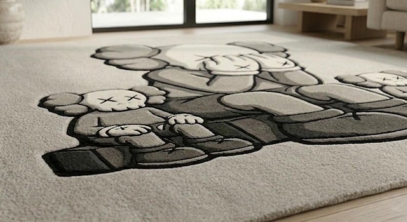 K&ouml;nnte beinhalten: Ein gro&szlig;er, rechteckiger Teppich mit einem Cartoon-Charakter-Design in Grau- und Wei&szlig;t&ouml;nen. Der Teppich hat eine weiche, pl&uuml;schige Textur und eignet sich f&uuml;r ein Wohn- oder Schlafzimmer. Das Design umfasst mehrere Figuren.