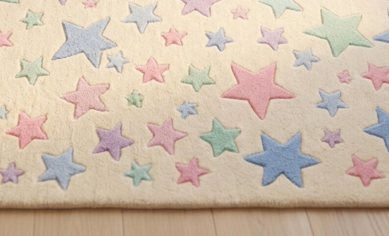 May include: A cream-colored rug featuring a repeating pattern of five-pointed stars in various sizes and pastel shades, including light blue, soft pink, mint green, and lavender. The stars have a textured, raised appearance against the flat base.