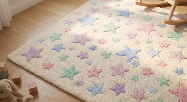 May include: A rectangular area rug with a cream-colored base featuring a repeating pattern of five-pointed stars in pastel shades of pink, blue, purple, and mint green. The rug has a textured, plush surface and is laid out on a wooden floor.