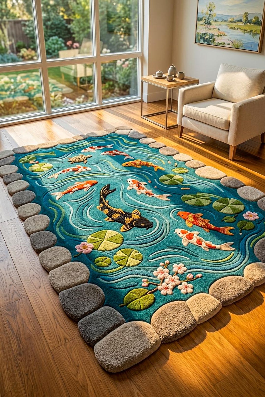 Pond Rug Abstract 3D Koi Pond Hand Tufted Wool Rug - Artistic Water Lily Zen Carpet ...